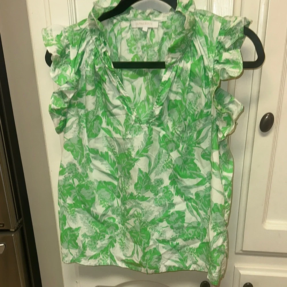 Olivaceous White and Green Floral Ruffle Sleeve Blouse - Picture 1 of 4